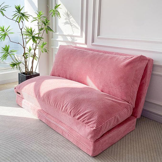 MAXYOYO Folding Sofa Bed, Extra Thick and Long Floor Sofa Convertible Sleeper Chair with Washable Cover, Floor Couch Lounge Bean Bag Bed for Living Room, Pink, 39x95 Inch
