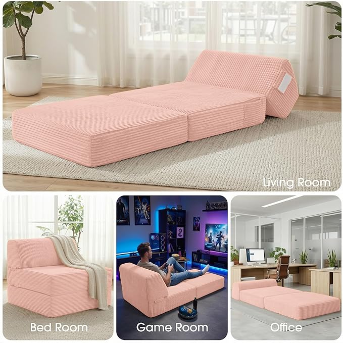 Kasunpul Folding Sofa Bed with Pillow, Memory Foam Fold Out Chair Bed, Convertible Sleeper Chair with Washable Cover, Futon Floor Couch for Living Room/Dorm/Guest Use/Home Office/Apartment,Pink