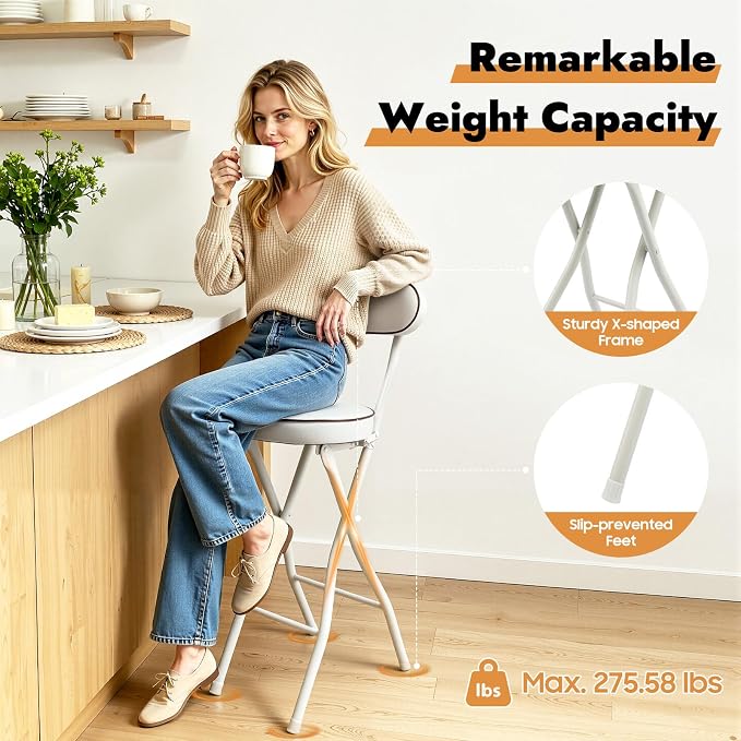 2 PCS Folding Stool with Back 38.5 inch Tall Foldable Stool with Cushioned Padded Folding Bar Stools Metal Portable Chair Stools for Outdoor Indoor Kitchen Shop Cafe Garden Camping (White)