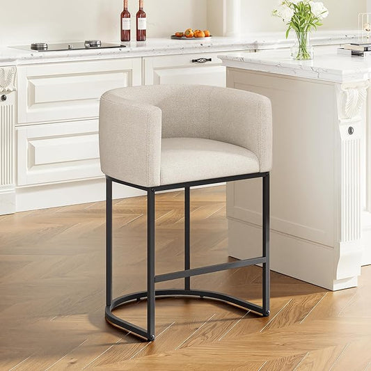 26" H Counter Height Bar Stools Set of 1, Modern Barrel Counter Stools with Backrest and Arms, Linen Fabric Upholstered Accent Barstools for Kitchen Island,Support 450 LBS (Beige)