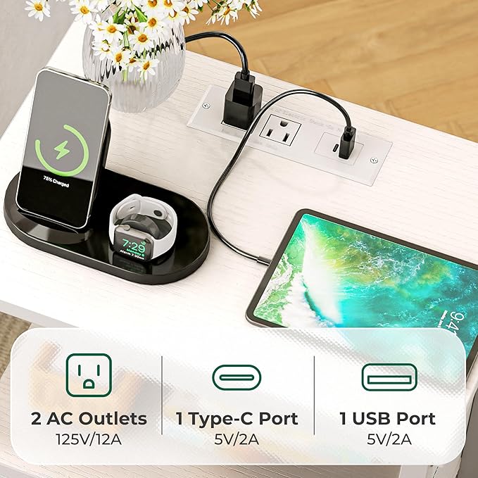 Huuger Nightstands Set of 2, End Tables with Charging Station, Side Tables with Fabric Drawers, Bedside Tables with USB Ports and Outlets, Night Stands, PU Leather, White