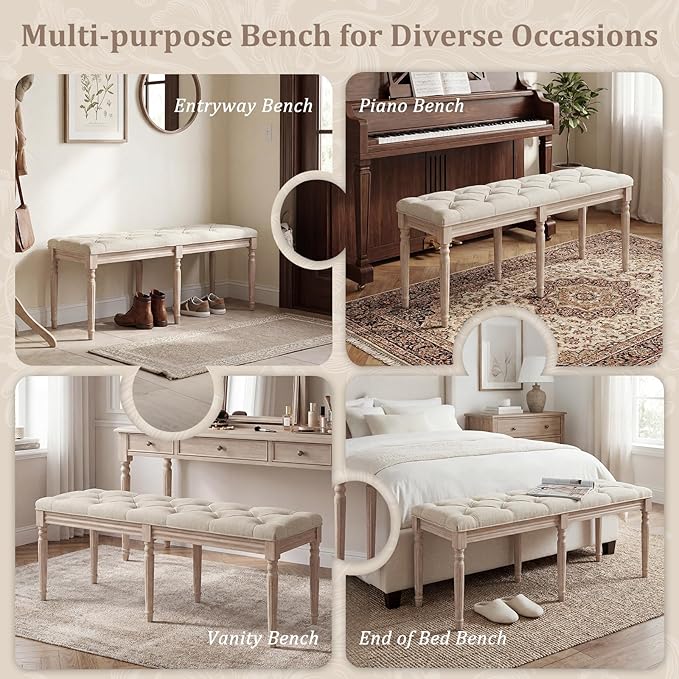 Giantex 47.5-inches Upholstered Dining Bench, Button-Tufted Table Bench with Carved Rubber Wood Legs, Padded Seat, Load 440Lbs, Vintage End of Bed Ottoman for Entryway, Living Room, Bedroom (1,Beige)