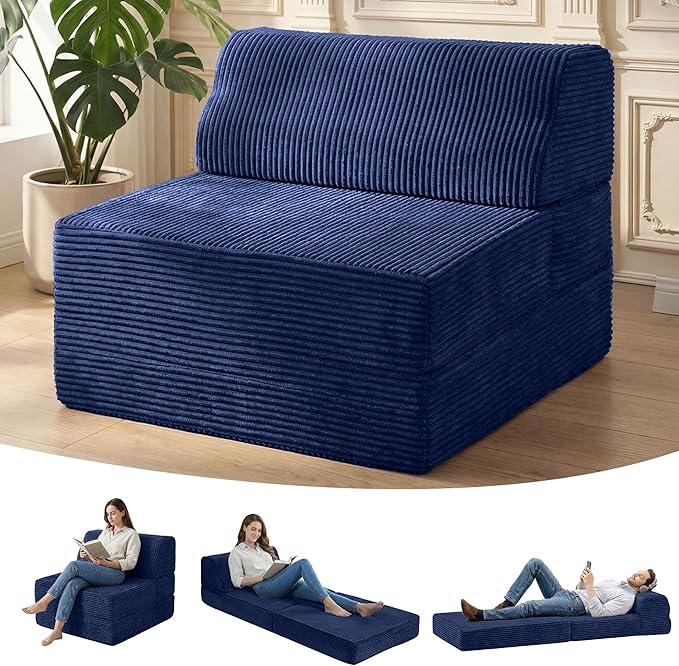 Kasunpul Folding Sofa Bed with Pillow, Memory Foam Fold Out Chair Bed, Convertible Sleeper Chair with Washable Cover, Futon Floor Couch for Living Room/Dorm/Guest Use/Home Office/Apartment, Navy Blue