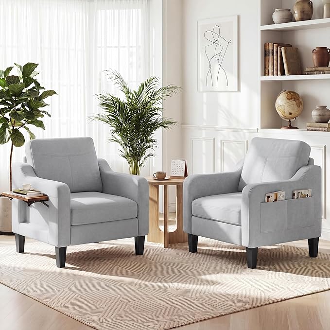Accent Chairs Set of 2 for Living Room, Mid-Century Upholstered Armchair with Foldable Table & 2 Side Pockets, Modern Linen Wooden Sofa Chair for Bedroom & Reading Room, Light Grey