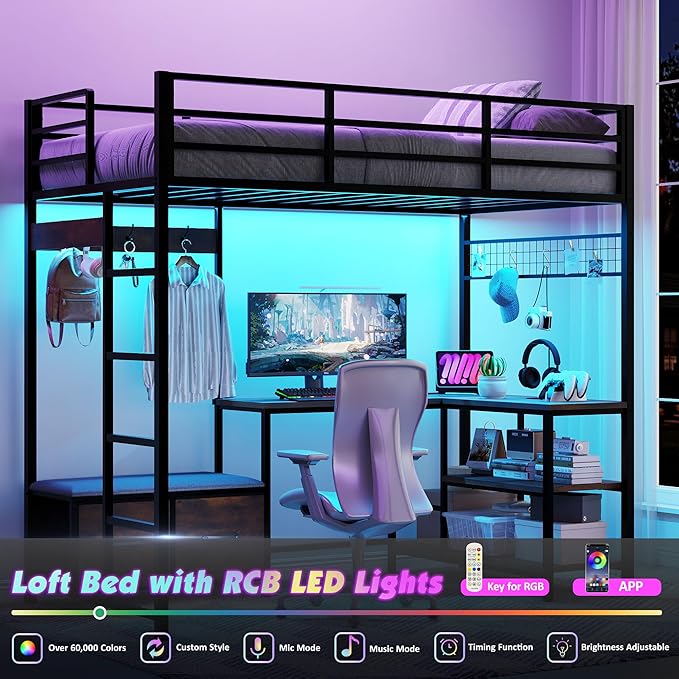 Vabches Twin Size Loft Bed with L-Shaped Desk, LED Lights, Charging Station, Loft Bed Frame with with Storage Drawers,Coat Rack, Safety Guardrail & Ladder, Rustic Brown
