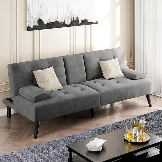 Shintenchi Futon Sofa Bed, Velvet Foldable Couch, Reclining Sleeper with Removable Armrests, Upholstered Loveseat Sofa Couch with Folding Cup Holders for Home, Office, Dark Grey