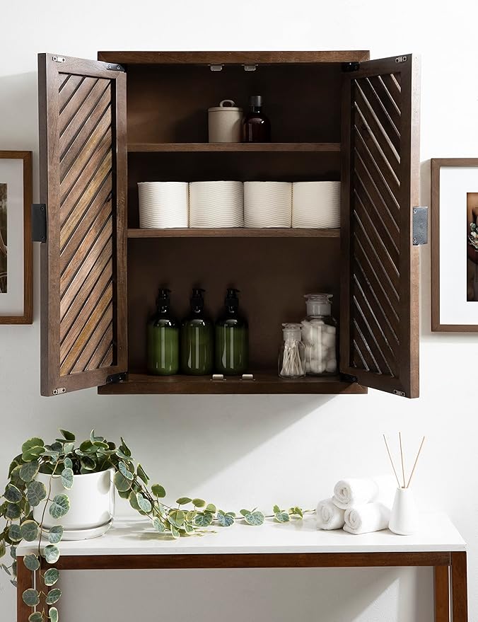 Kate and Laurel Mezzeta Decorative Modern Two-Door Floating Bathroom Cabinet; 28 x 22 x 7; Natural Wood; Decorative Over Toilet Storage Cabinet Made from Solid Mango Wood with Slatted Chevron Design