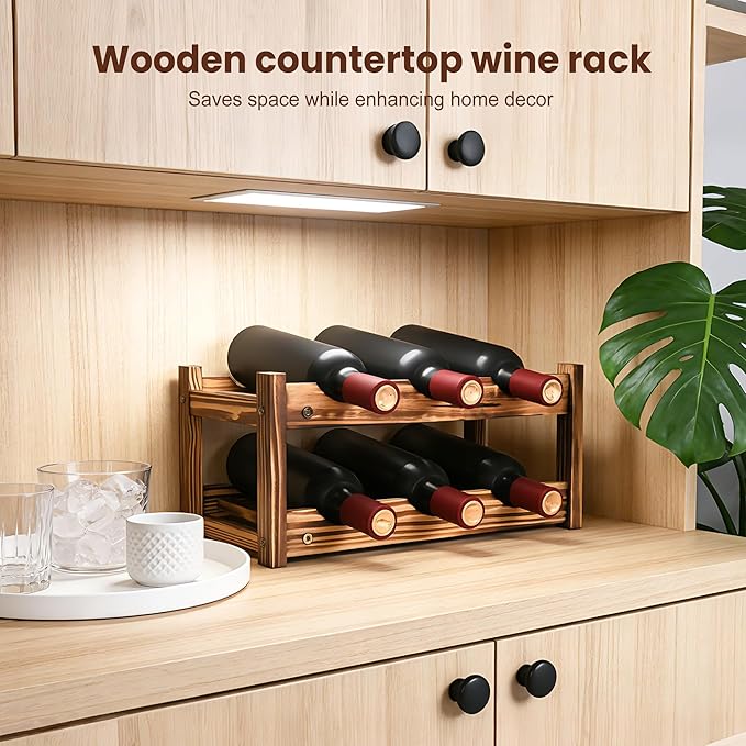 6-Bottle Wooden Wine Rack – 2-Tier Tabletop Countertop Space-Saving Wine Holder with Screwdriver Included, Easy Assembly Wine Storage Shelf for Kitchen, Bar, Pantry & Home Decor