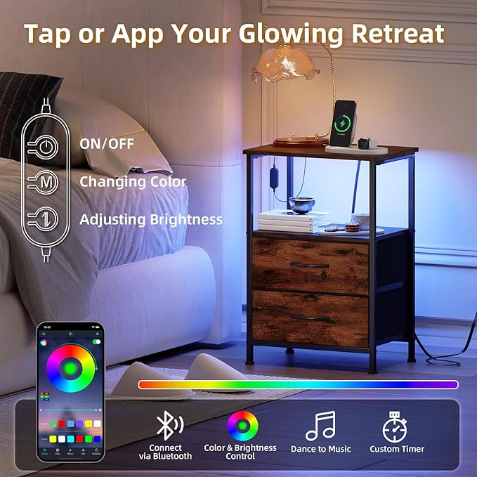 Somdot 2 Drawers Nightstand with Charging Station and LED Light for Bedroom, Small Dresser with Fabric Bins for Bedside Kids Dorm Room Closet Laundry Entryway, Wood Grain Print