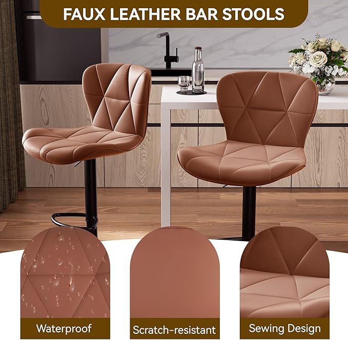 Nalupatio Modern Bar Stools Set of 2, Faux Leather Upholstered Swivel Bar Stools, Adjustable Counter Height Bar Chairs with Back for Kitchen Island, Rust