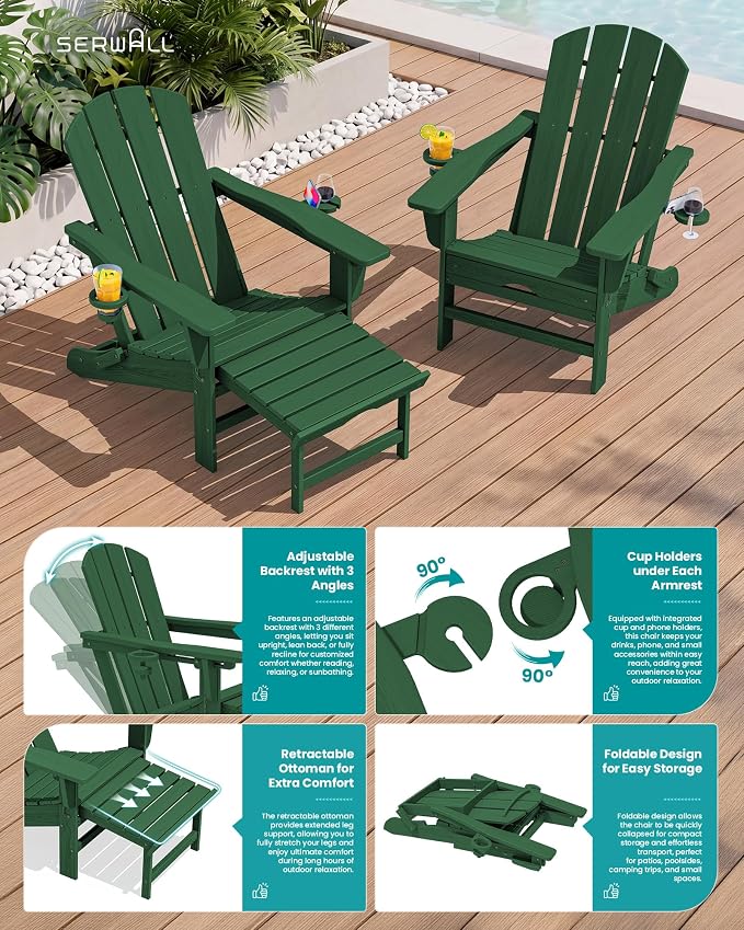 SERWALL Folding Adjustable Adirondack Chairs with Footrest Set of 2, HDPE Outdoor Chair with Dual Cup Holders, All Weather Adirondack Chair with Ottoman, Green