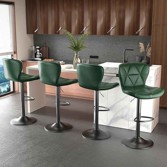 Nalupatio Modern Bar Stools Set of 4, Adjustable Faux Leather Upholstered Swivel Bar Stools, Counter Bar Chairs with Back for Kitchen Island, Green