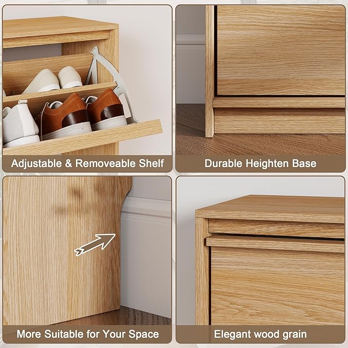 Shoe Cabinet with 4 Flip Drawer, 47.24" W Shoe Storage Organizer Cabinet for Entryway, Narrow, Slim Freestanding Shoe Rack with Adjustable Shelf, Wooden, Morden Living Room,Hallway, Oak