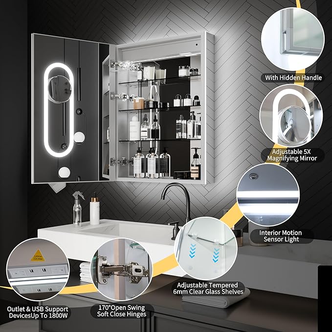 ExBrite 24 x 32 Lighted Medicine Cabinet with Mirror, Front&Backlit led Medicine Cabinet,Defog,5X Magnifier,3 Colors Temper Dimmable,Surface or Recessed Mount,Hinge on the Left