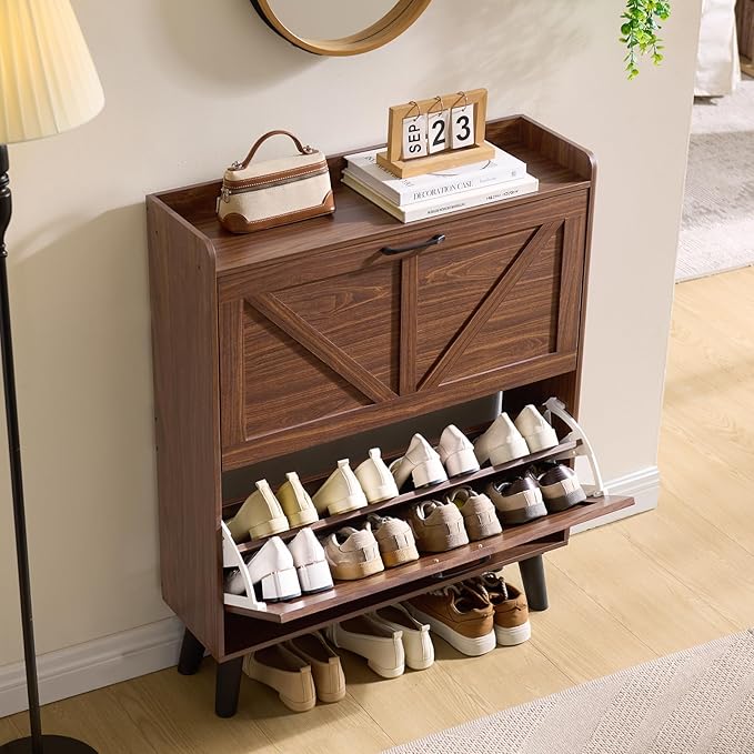 LEYAOYAO Shoe Cabinet Storage for Entryway with 2 Flip Drawers Rack Narrow Organizer Slim Hidden Wood Shoe Cabinet Furniture Walnut
