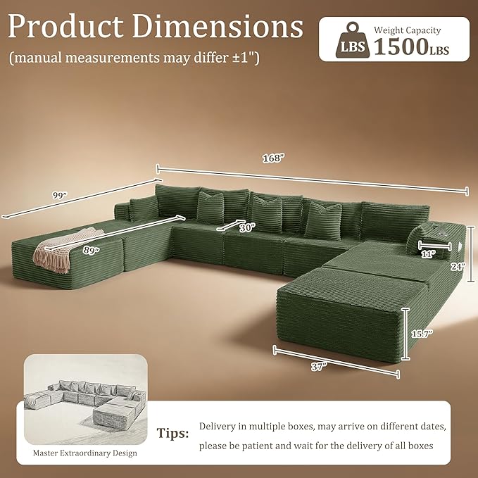 168" Cloud Sectional Couch, Comfort U Shaped Sofa for Living Room, Extra Deep Seats No Assembly, Minimalist Modular Couch, Corduroy (Olive Green, 9 Seats,U-Shape B)