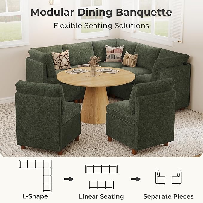 SITJOY Breakfast Nook Bench with Storage, Modular Corner Kitchen Banquette Seating, Dining Settee Couch, Upholstered Dining Bench with Back, Soft-to-Touch Fabric in Green, 7-Seat L Shaped Booth