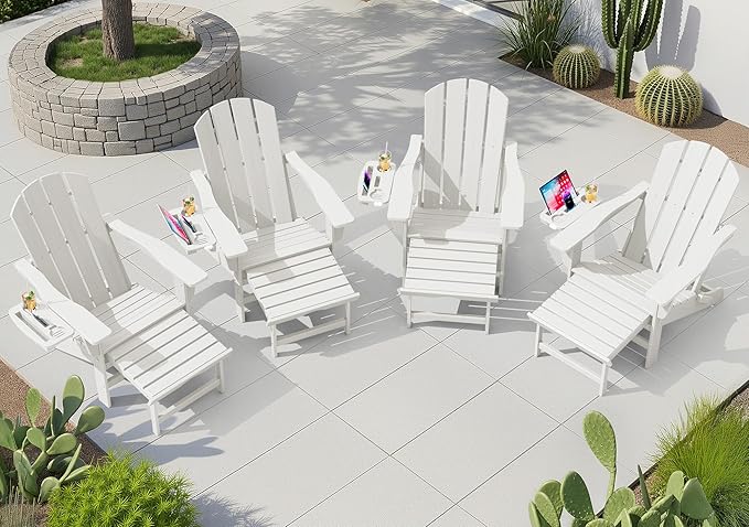 KINGYES Adjustable Folding Adirondack Chair with Footrest & 4-in-1 Multi-Functional Armrest Organizer Set of 4, HDPE Foldable Recliner Adirondack Chair with Pull-Out Ottoman, White