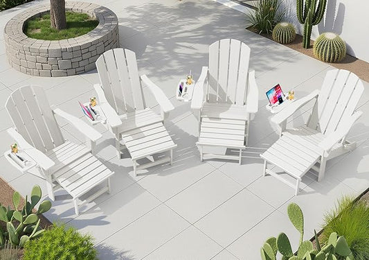 KINGYES Adjustable Folding Adirondack Chair with Footrest & 4-in-1 Multi-Functional Armrest Organizer Set of 4, HDPE Foldable Recliner Adirondack Chair with Pull-Out Ottoman, White