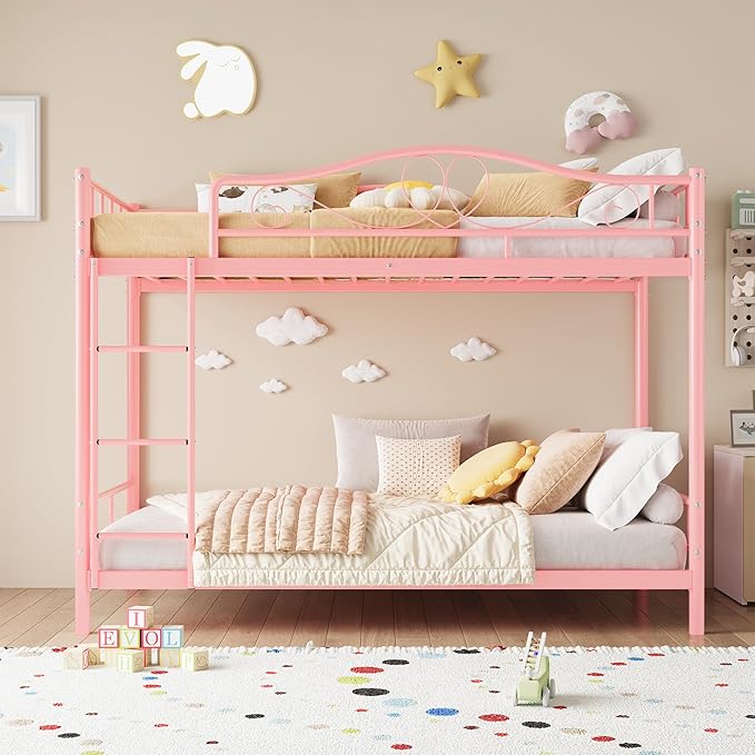 IDEALHOUSE Bunk Bed Twin Over Twin with Ladder & Full Safety Guardrail, Heavy Duty Metal Twin Over Twin Bunk Bed 400 Lbs Load Capacity, Space-Saving, Noise Free, No Box Spring Needed, Easy Assembly, P