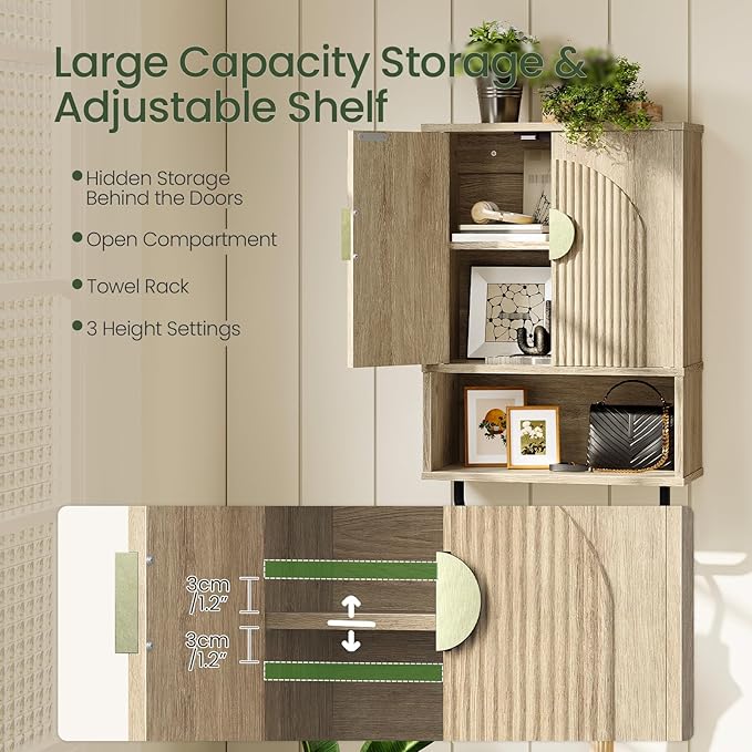 CHOEZON Bathroom Wall Cabinet, Medicine Cabinet for Bathroom, Wall Mounted Bathroom Cabinet with Towel Bar, Fluted Doors, Wall Cabinet for Bathroom, Kitchen, Living Room, Natural Oak and Gold
