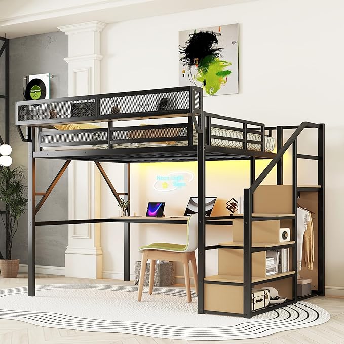 KEIKI Queen Size Metal Loft Bed Frame with Desk, Staircase, Built-in Storage Shelves and Wardrobe, Modern Loft Bed with Solid Slat, Guardrail, No Box Spring Required, Easy Assembly, for Bedroom, Black