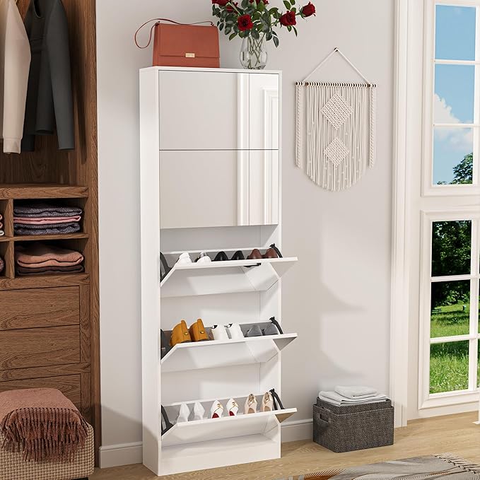 Mirror Shoe Cabinet, Hidden Shoe Storage Organizer with Flip Drawers Door, 5 Tier Free Standing Shoe Rack for Closet, Entrance