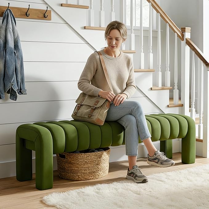 63” Dining Room Bench, Olive Green Tufted Upholstered End of Bed Bench, Modern Entryway Ottoman Window Seat with Solid Wood Legs and Padded Seat for Bedroom, Hallway and Living Room (Velvet)