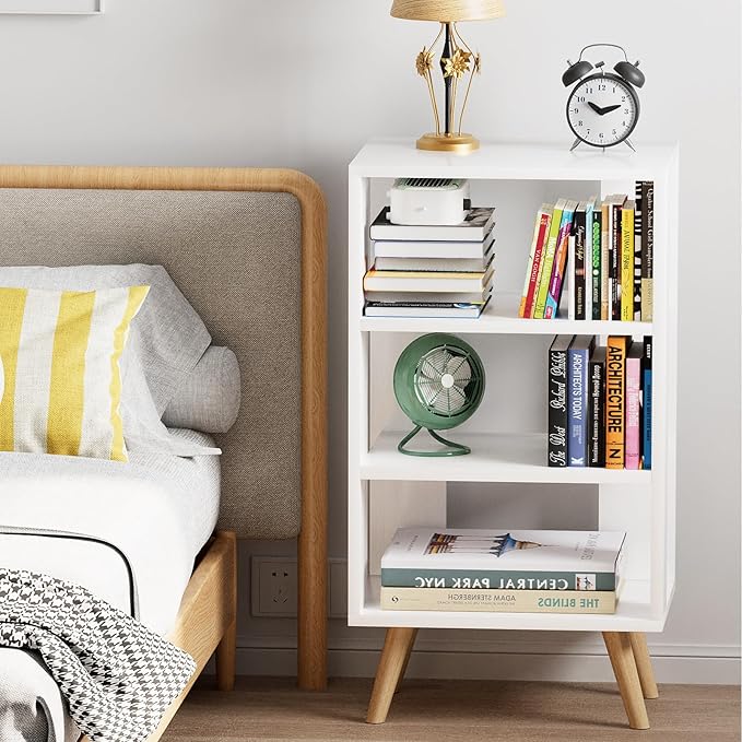 Aenuert Night Stand, White Nightstand, Modern End Table with Open Storage, 3-Tier Wooden Bedside Table for Small Space, Living Room, Bedroom