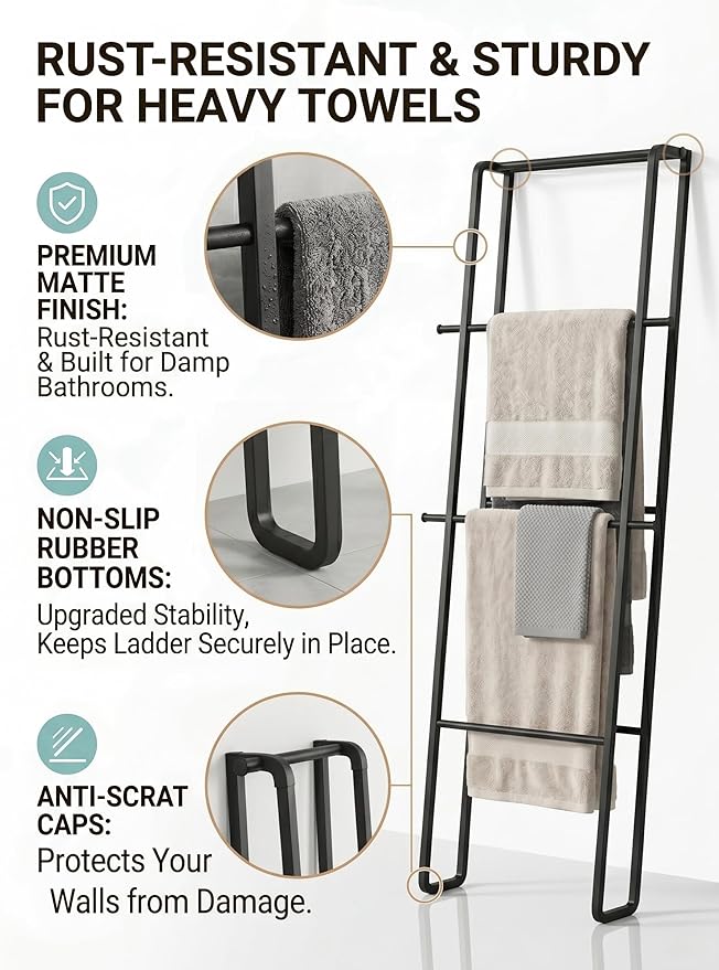 CANYAVE Metal Leaning Ladder Towel Rack, 4-Tier Blanket Stand for Bathroom Living Room, No Drilling Quilt Storage Organizer (Matte Black)