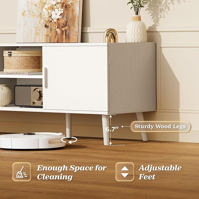 SUPERJARE TV Stand for 55 Inch TV, Entertainment Center with Adjustable Shelf, 2 Cabinets, TV Console Table, Media Console, Solid Wood Feet, Cord Holes, for Living Room, Bedroom, White