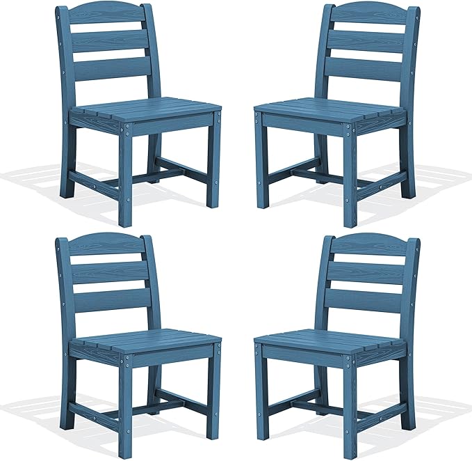 SERWALL Outdoor Armless Dining Chairs Set of 4, All-Weather HDPE Patio Dining Chairs with 19.7" Widened Seat and Curved Backrest for Backyard, Garden, Blue