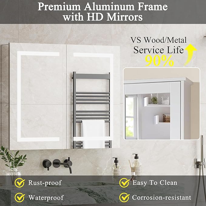 Double-Side LED Medicine Cabinet Mirror for Bathroom, Lighted Medicine Cabinet with 5 Mirrors, Interior Sensor Light, Dimmable, Anti-Fog, Outlets, Recessed or Wall Mount Aluminum Mirror Cabinet, 34x28