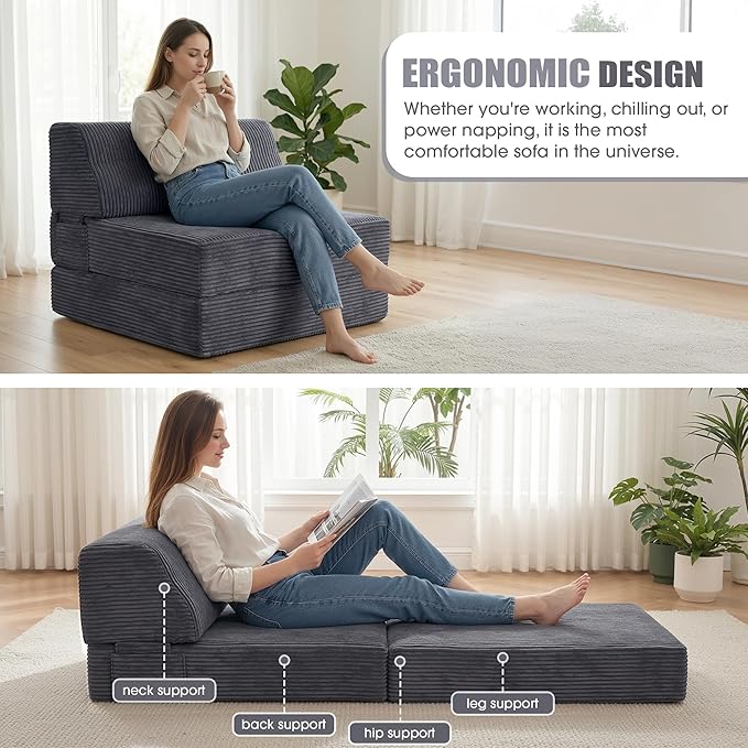 Kasunpul Folding Sofa Bed with Pillow, Memory Foam Fold Out Chair Bed, Convertible Sleeper Chair with Washable Cover, Futon Floor Couch for Living Room/Dorm/Guest Use/Home Office/Apartment, Gray