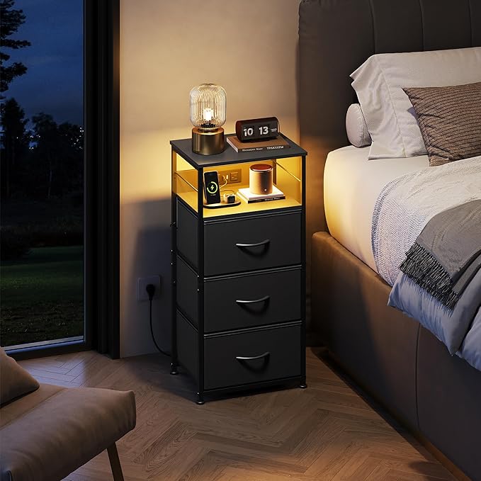 WLIVE Nightstand with Charging Station, 31.9" H Nightstand with 3 Fabric Drawers, LED Bedside Table with USB Ports and Outlets, End Table for Dorm, Bedroom, Entryway, Black