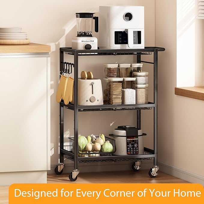 3-Tier Rolling Cart, Space-Saving Kitchen Cart with 150Lbs Capacity, Black Storage Cart with 2 Lockable Wheels for Kitchen Island, Restaurant, Garage, Backyard（No Wooden Boards, Lightweight Version）