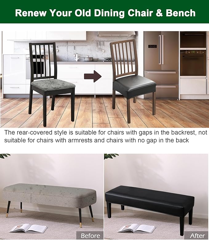 CRFATOP Waterproof 4pcs PU Dining Chairs Seat Covers with Soft Bench Chair Cover Stretch Kitchen Chair Slipcover Washable Seat Cushion Slipcover Protector for Hotel Ceremony Banquet Wedding,Black