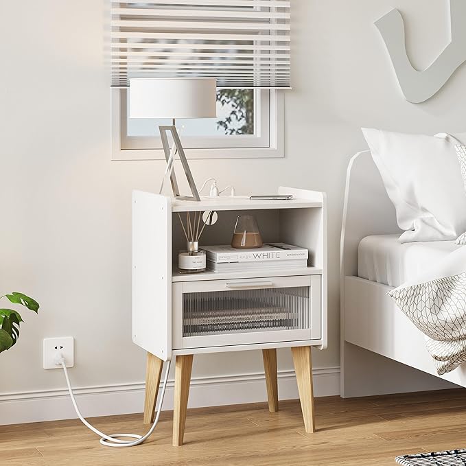 MMEOLUOOK Nightstand with Charging Station, Bedside Tables with Glass Decorative Door, End Table Side Table with 2 Tiers Storage Space, for Bedroom, Living Room, White CAMLBZ07WE