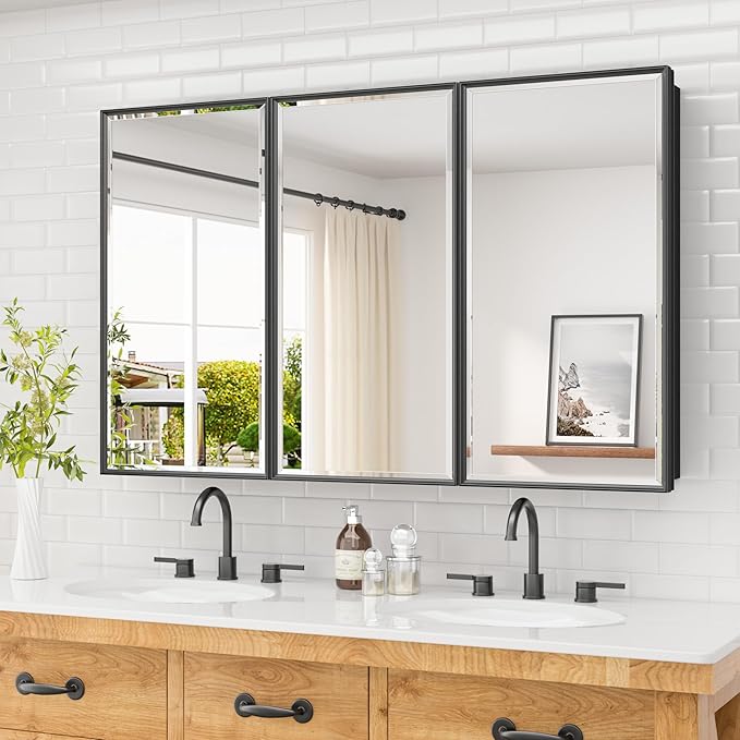 TETOTE 48"x 30" Mirrored Medicine Cabinet for Bathroom Black Medicine Cabinet with Tempered Beveled Mirror, Stepless Adjustable Shelves, Surface Mount or in Wall