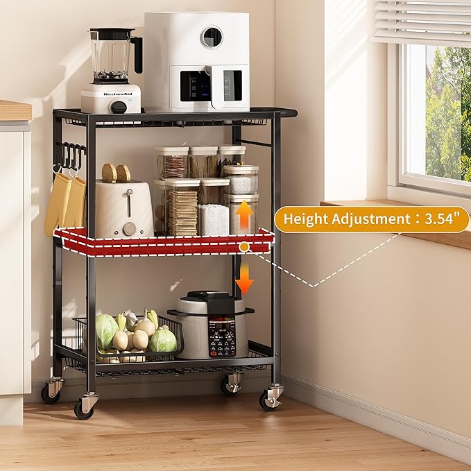 3-Tier Rolling Cart, Space-Saving Kitchen Cart with 150Lbs Capacity, Black Storage Cart with 2 Lockable Wheels for Kitchen Island, Restaurant, Garage, Backyard（No Wooden Boards, Lightweight Version）
