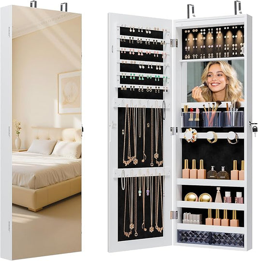 Unisakey Mirror Jewelry Cabinet,Lockable Wall or Door Mounted Jewelry Armoire Organizer With Built-up Mirror,LED Lights, Drawers,Cosmetic Trays,Shelves, 14.4"x3.15"x 43.1"（White）
