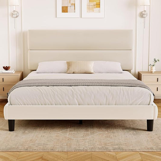 GRUSIGN Queen Size Platform Bed Frame with Velvet Headboard, Adjustable Height Wooden Slats Support, Upholstered Mattress Foundation, Fits Mattress or Mattress with Box Spring, Easy Assembly, Beige