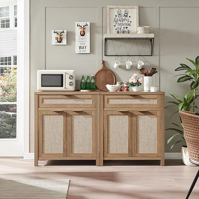 HOKYHOKY Rattan Sideboard Buffet Cabinet Set of 2, Boho Storage Cabinet with Adjustable Shelves, Farmhouse Credenza Coffee Bar Table with Doors & Drawer for Living Room, Hallway & Kitchen