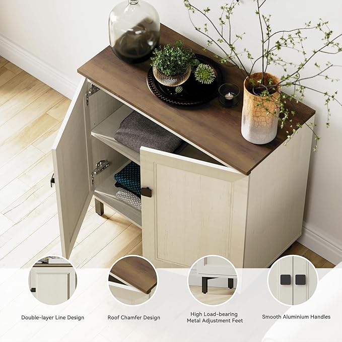 FENSULN Buffet Sideboard Cabinet Farmhouse Modern 2 in 1 Storage Cabinet with Adjustable Shelves for Kitchen, Coffee Bar, Living Room, White