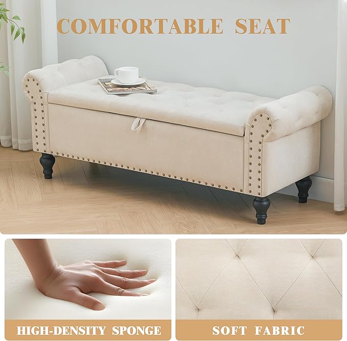 51" Storage Ottoman Bench, End of Bed Bench for Bedroom, Storage Ottomans for Foot of Bed, Chenille Upholstered Benches, Window Benches for Living Room, Entryway, Beige