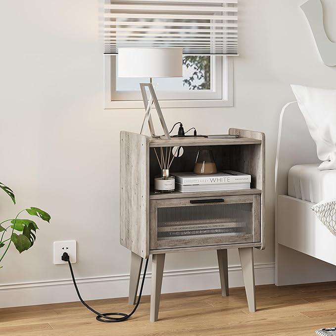 MMEOLUOOK Nightstand with Charging Station, Bedside Tables Oak Grey End Table Side Table with 2 Tiers Storage Space, for Bedroom Living Room MLBZ07GE