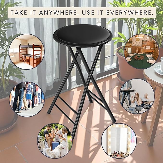 Lavish Home Folding Stool - Set of 4 Counter Height Bar Stools – 24-Inch Backless Folding Chairs with 225lb Capacity for Kitchen, Rec Room, or Game Room (Black)