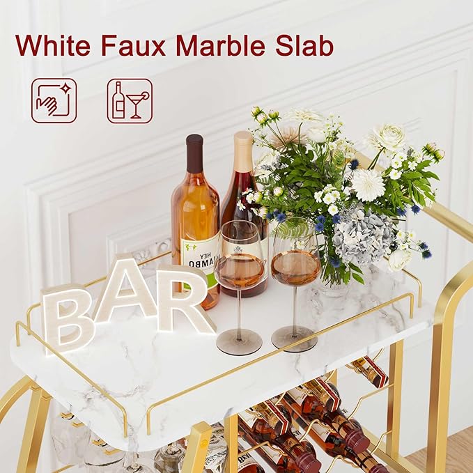 Bar Cart, Gold Bar Carts for The Home, Serving Cart with Wine Glass Holder, 3-Tier Drink Carts with Wheels, Rolling Beverage Trolley for Kitchen, Dining, Living Room (Gold & Marbleized White)