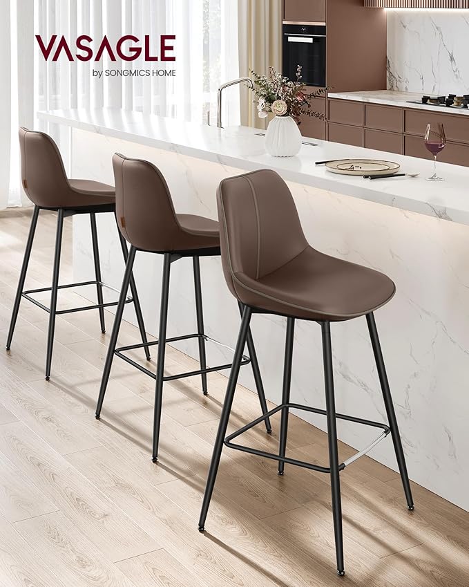 VASAGLE Bar Stools Set of 4, Bar Height Bar Stools with Back, Ergonomic Backrest, Synthetic Leather, Metal Legs, 28.5-Inch Tall Barstools for Kitchen Island Home Bar, Easy Assembly, Coffee Brown