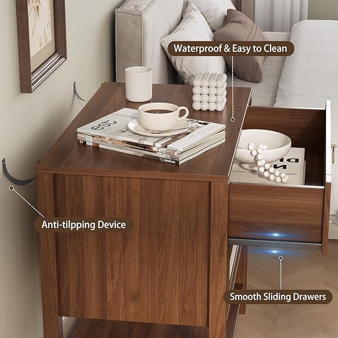 Xixini Nightstand Set of 2, Rattan Boho Bedside Table with 2 Drawers, Open Shelf & Brass Knobs, Small Mid Century Modern Night Stand, Wooden End Side Table for Bedroom, Living Room, Closet, Walnut